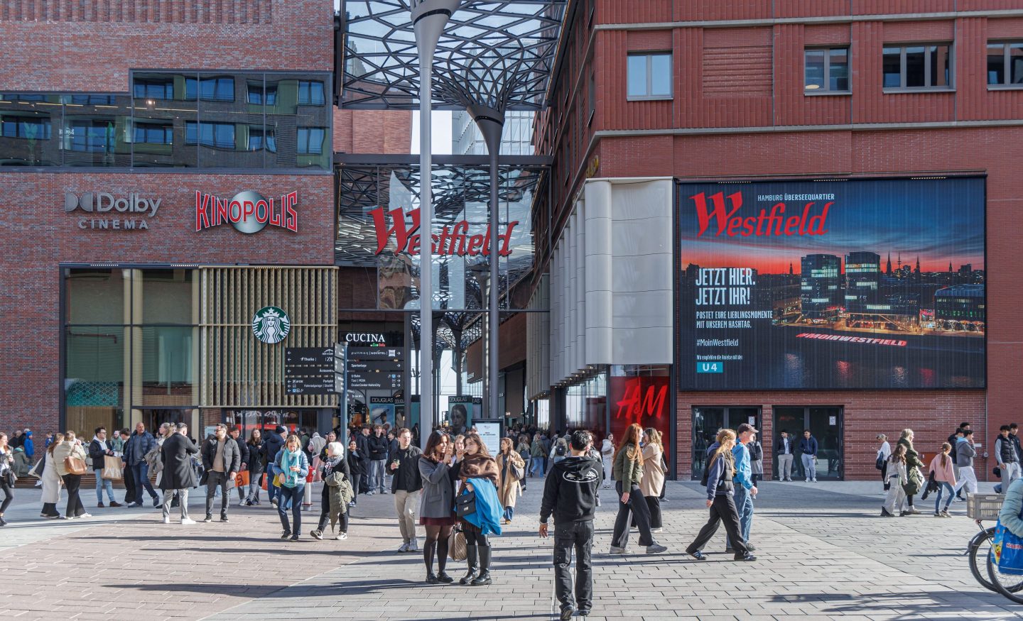 11 April 2025, Hamburg: View of Überseeplatz in Hafencity with the entrance to the Westfield Hamburg shopping center. Photo: Markus Scholz/dpa (Photo by Markus Scholz/picture alliance via Getty Images)